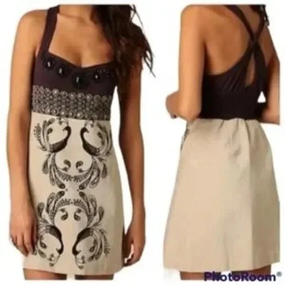 Vintage Y2K Free People Empire Waist Beaded Velvet Peacock A-Line Mini Dress - Picture 9 of 14